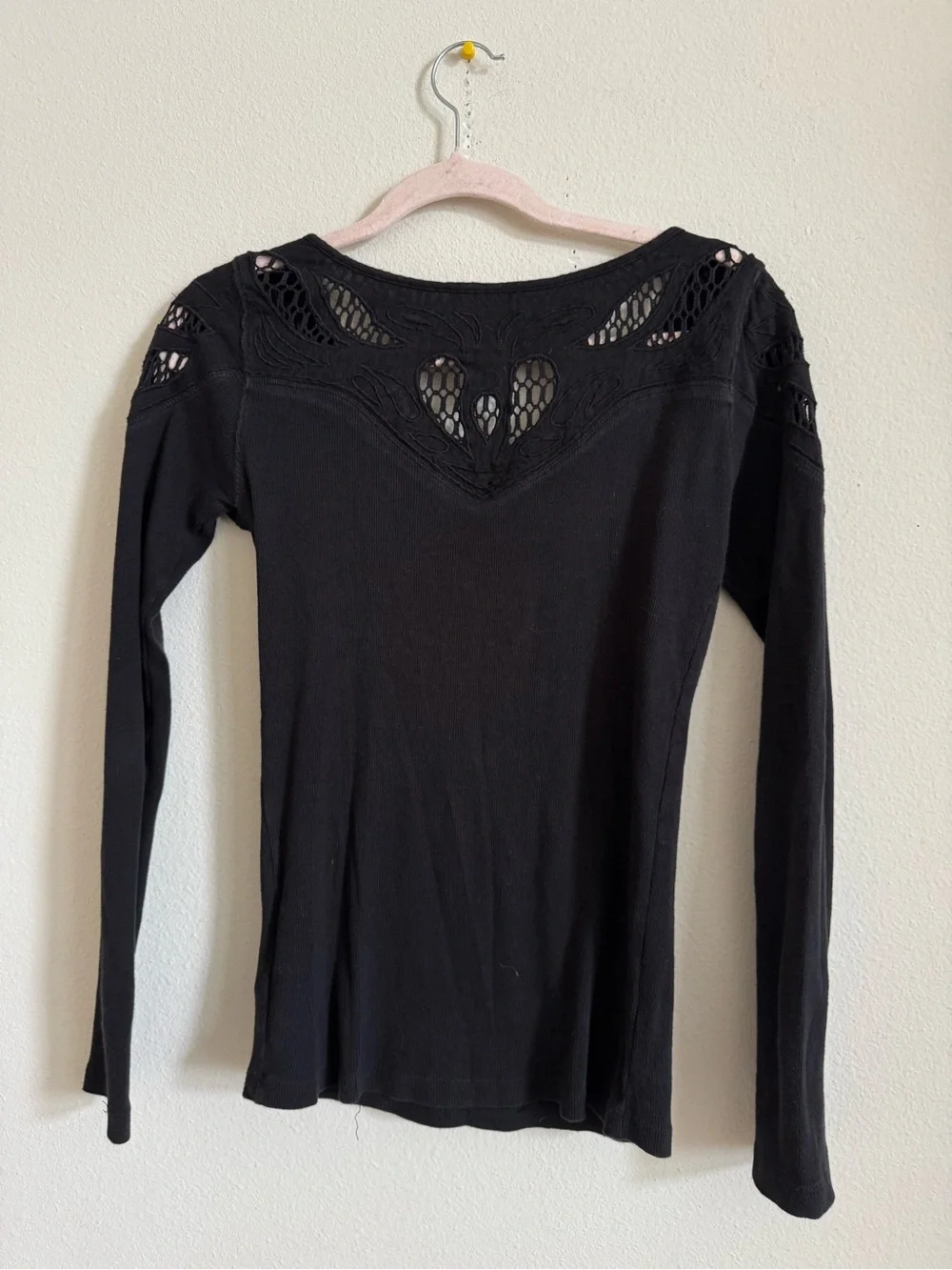 Free People Black Long Sleeve Crochet Ribbed Cotton Boho Indie Top size M
